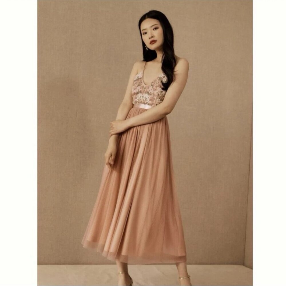 BHLDN Anthropologie blush pink embroidered tulle gown
